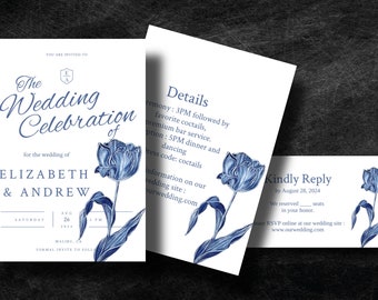 Botanical Tulip Wedding Invitation, Hand Drawn Wedding Invite, Save the Date, Botanical Wedding Invitations, Delft Blue Wedding Invitation