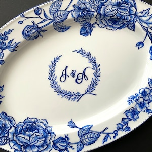 Custom wedding plate, Hand painted porcelain, Gift for newlyweds, Wedding initials logo, Wedding gift for the couple, Blue and white plate