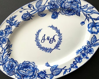 Custom wedding plate, Hand painted porcelain, Gift for newlyweds, Wedding initials logo, Wedding gift for the couple, Blue and white plate