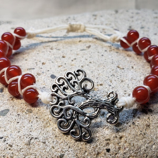 Tree of Life and Waxed Linen Cord Bracelet Made With Red Carnelian Beads, Adjustable Size, Summer, Spring, Gift for Her, Gift Under 20,