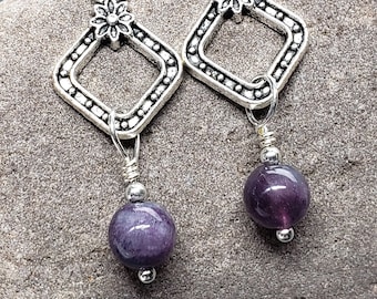 Purple Flourite Drop Earrings With Pewter Floral Dotted Frame