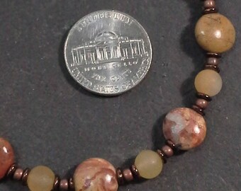 Rainbow Jasper Coin & Honey Jade Beaded Bracelet with Brass Accents