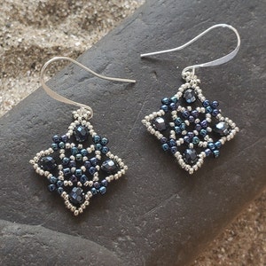 Dark Blue Crystal Beaded Earrings: Silver Seed Beads, Lightweight