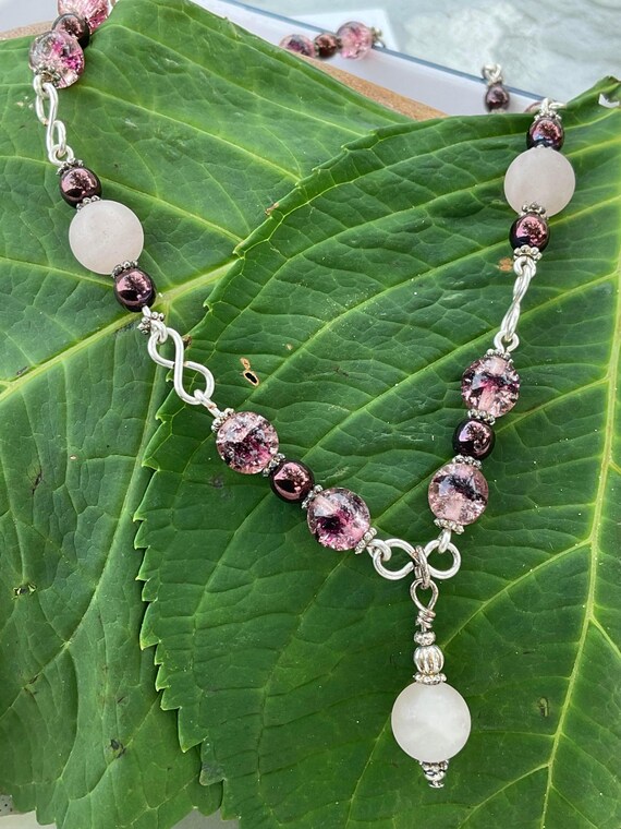 Rose Quartz Link Necklace With Czech Crackle and Burgundy Glass