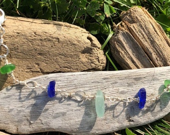 Natural Beach Glass Bracelet: Wire Wrapped Handmade Links, Blues & Greens