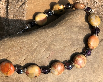 Rainbow Jasper Coin Bead Bracelet: Purple Czech Beads, Silver Accents