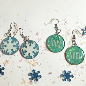 Frosted Iridescent Snowflake and Noel Dangle Winter Earrings Holiday Earrings Christmas Jewelry Set Winter Wonderland