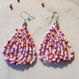 Pinks and White Hoop Beaded Valentine&#39;s Day Earrings Sterling Silver Gift for Her