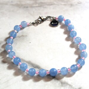 Aquamarine Beaded Anklet: Pink Czech Glass, Stainless Steel