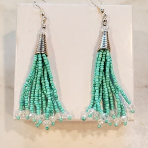 Beaded Turquoise Dangle Earrings with Crystals 925 Sterling Silver Ear Hook Long Boho Tassel Hand-beaded Gift for Her Birthday Surprise