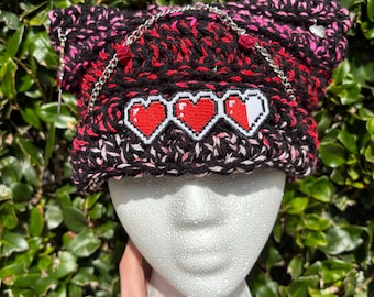 Crochet Cat Ear Beanie with Pixel Hearts | Alt Rave Hat | Handmade Goth 8 Bit Beanie | Cute Gamer Hat