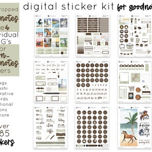 May include: A digital sticker kit for Goodnotes app users. The kit includes over 285 stickers in brown and beige colours. The stickers include flags, washi, decorative words, functional icons, and more. The stickers are pre-cropped and ready to use in the Goodnotes app.