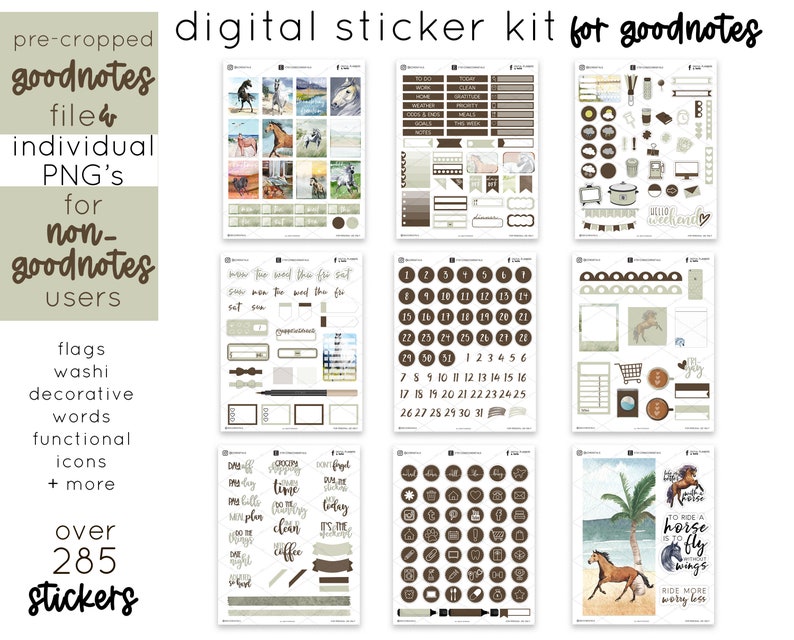 May include: A digital sticker kit for Goodnotes app users. The kit includes over 285 stickers in brown and beige colours. The stickers include flags, washi, decorative words, functional icons, and more. The stickers are pre-cropped and ready to use in the Goodnotes app.