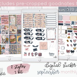 May include: Digital sticker kit for September with over 570 stickers in two styles. The stickers feature a fall theme with colors like pink, blue, and gold. The kit includes pre-cropped Goodnotes files.