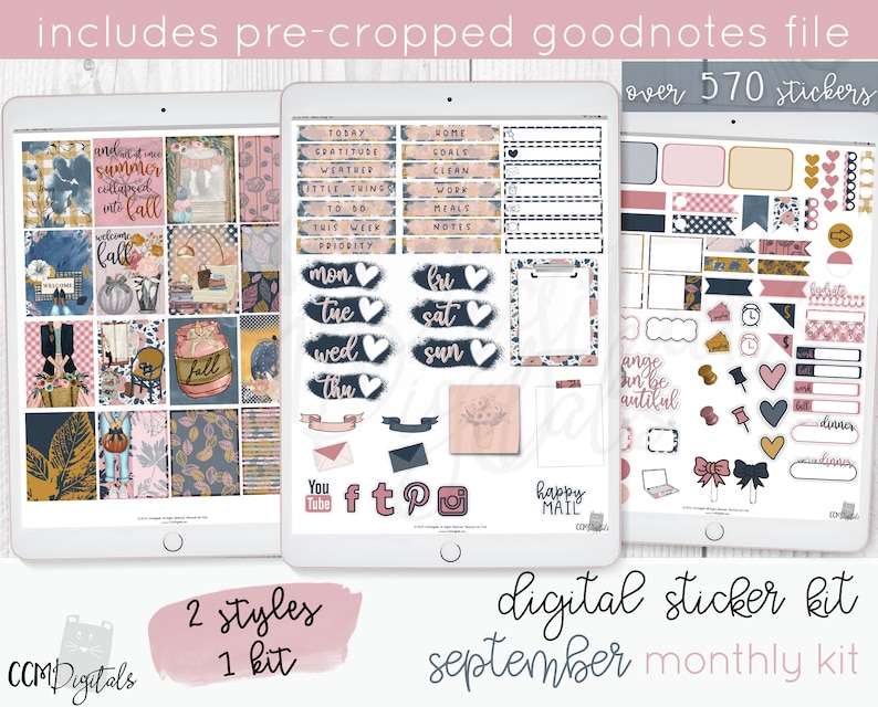 May include: Digital sticker kit for September with over 570 stickers in two styles. The stickers feature a fall theme with colors like pink, blue, and gold. The kit includes pre-cropped Goodnotes files.