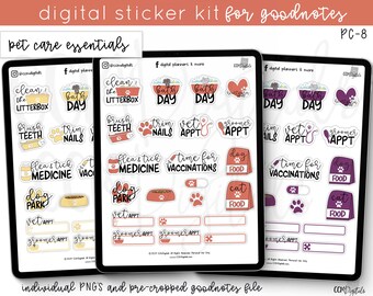 PC-8 Digital Pet Care Stickers for Goodnotes | Pet Care Stickers | PNG Stickers for Petcare