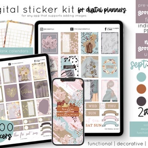May include: A digital sticker kit for digital planners featuring 1,200 stickers in two styles. The kit includes functional and decorative stickers with an autumn theme. The stickers are pre-cropped for use in Goodnotes and other digital planner apps.