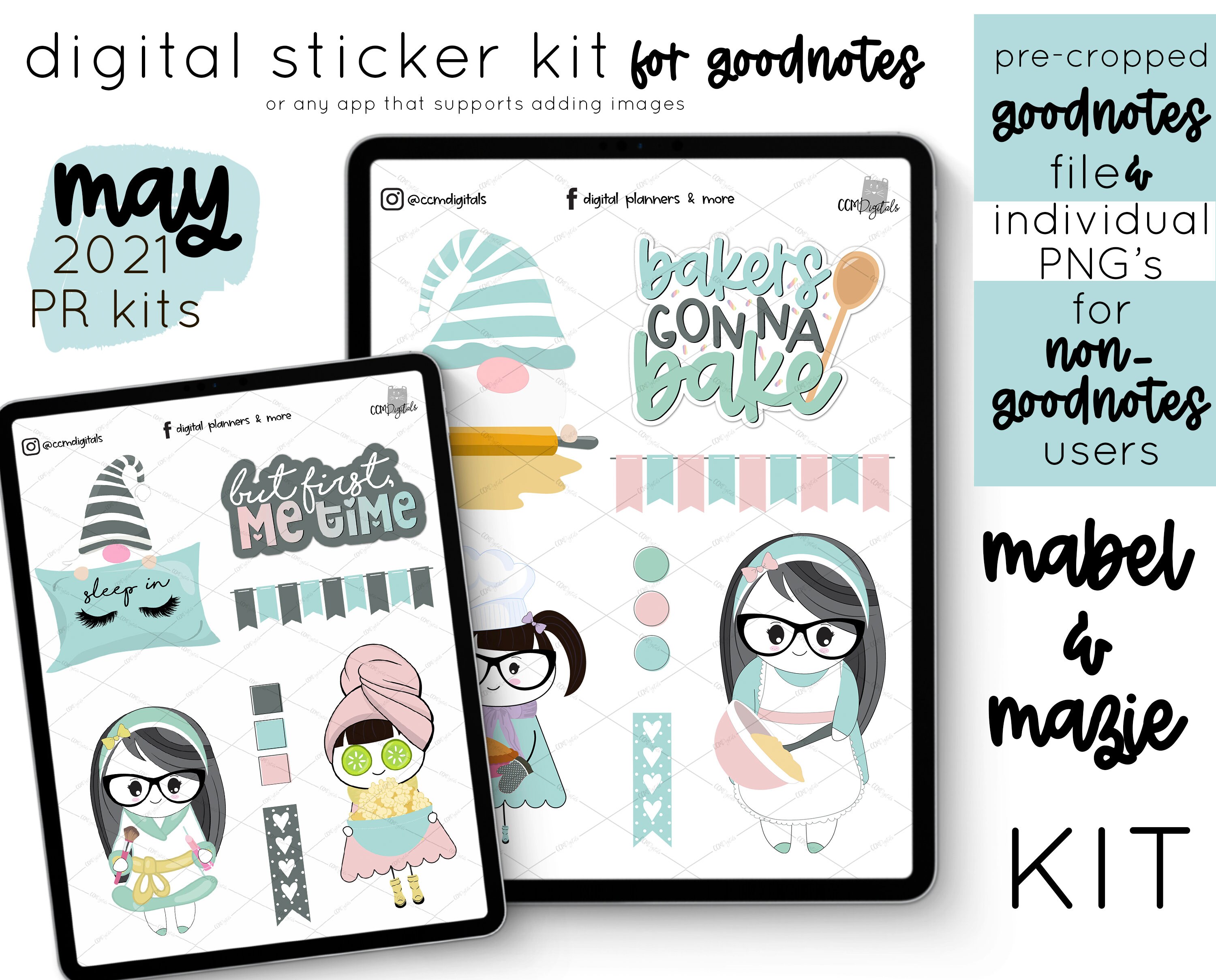 Mabel & Mazie Relax and Bake Mini Kit - May 2021 | Planner Stickers for Digital Planners | Baking Character Stickers | Spa Day Stickers