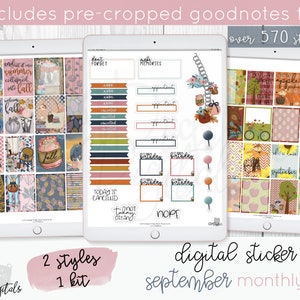 May include: Digital sticker kit for September with over 570 stickers. The kit includes two styles of stickers, one with a fall theme and the other with an apple theme. The stickers are pre-cropped for use in the Goodnotes app.