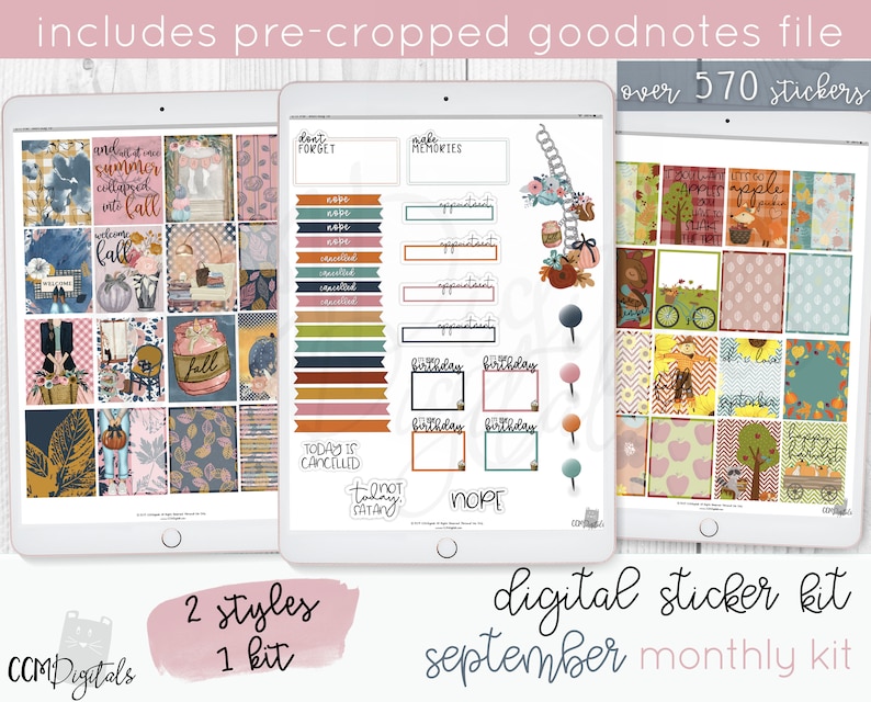 May include: Digital sticker kit for September with over 570 stickers. The kit includes two styles of stickers, one with a fall theme and the other with an apple theme. The stickers are pre-cropped for use in the Goodnotes app.