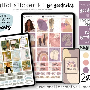 May include: Digital sticker kit for Goodnotes app with over 1,060 stickers in two styles. The kit includes pre-cropped individual PNG files for non-Goodnotes users. The stickers feature a variety of designs, including rainbows, plants, and abstract shapes in a pink and brown color scheme. The kit is for August 2021.