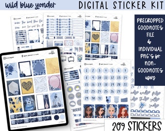 May include: A digital sticker kit with 209 stickers in a blue and yellow color scheme. The stickers feature floral designs, geometric shapes, and text. The kit includes pre-cropped Goodnotes files and individual PNG files for non-Goodnotes users.