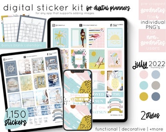 Digital Planner Stickers - July, Nautical Ocean & Beach Summer Themes, Bullet Journal, Monthly Kit, PNG Files for GoodNotes and more