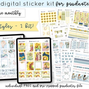 June 2020 Monthly Kit Digital Planner Stickers - Part 1 and Part 2 | Sunflower Digital Stickers | Soft Pastel Summer Stickers