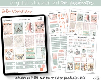 Boho Adventure Digital Planner Stickers - PNG Sticker Kit for GoodNotes, Noteshelf, Zoomnotes - Bohemian Themed Digital Journal Accessories