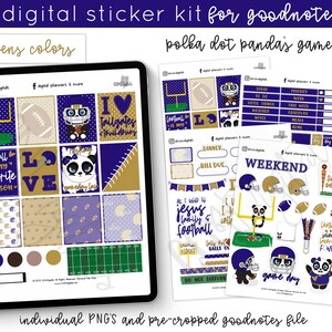 Peut inclure: Un kit d'autocollants numériques pour Goodnotes sur le thème du panda à pois avec des éléments de football et de jour de match. Les autocollants sont en violet, or et blanc avec un design de panda noir et blanc. Le kit comprend des autocollants pour les listes de tâches, les horaires et autres besoins de planificateur.