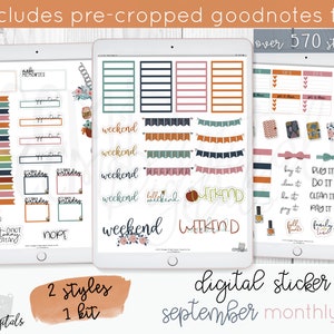 May include: Digital sticker kit for September with over 570 stickers in two styles. The stickers feature a fall theme with colors like orange, brown, and green. The stickers include text like "weekend", "birthday", and "don't forget".