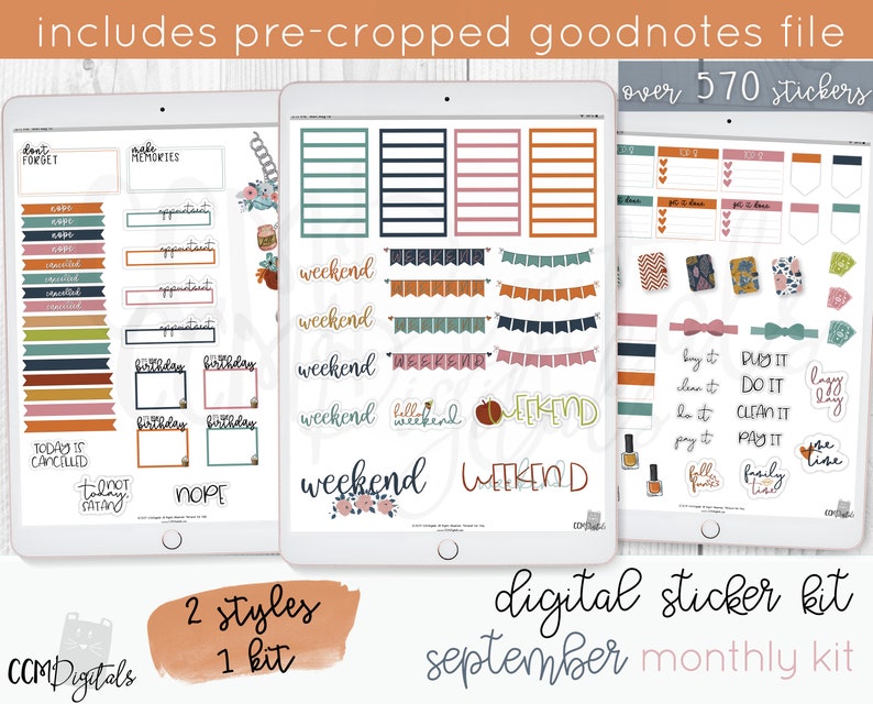 May include: Digital sticker kit for September with over 570 stickers in two styles. The stickers feature a fall theme with colors like orange, brown, and green. The stickers include text like "weekend", "birthday", and "don't forget".