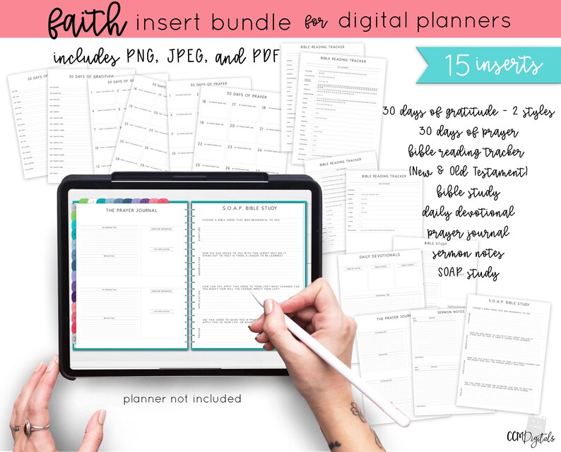 K&ouml;nnte beinhalten: Ein Bundle mit digitalen Planer-Eins&auml;tzen f&uuml;r die Planung im Glauben. Das Bundle enth&auml;lt 15 druckbare Eins&auml;tze in Schwarzwei&szlig;, wie z. B. 30 Tage Dankbarkeit, 30 Tage Gebet, Bibel-Lese-Tracker, Bibelstudium, t&auml;gliche Andacht, Gebetsjournal, Predigtnotizen und SOAP-Studium. Das Bild zeigt ein digitales Tablet, auf dem ein Beispiel f&uuml;r einen Einsatz angezeigt wird, sowie eine Hand, die einen Stift h&auml;lt.