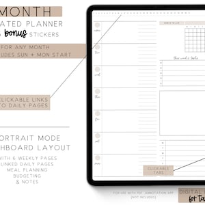 May include: A digital planner for tablets, featuring a monthly calendar, weekly pages, and a dashboard layout. The planner is undated and includes 143 bonus stickers. The planner is designed for use with PDF annotation apps.
