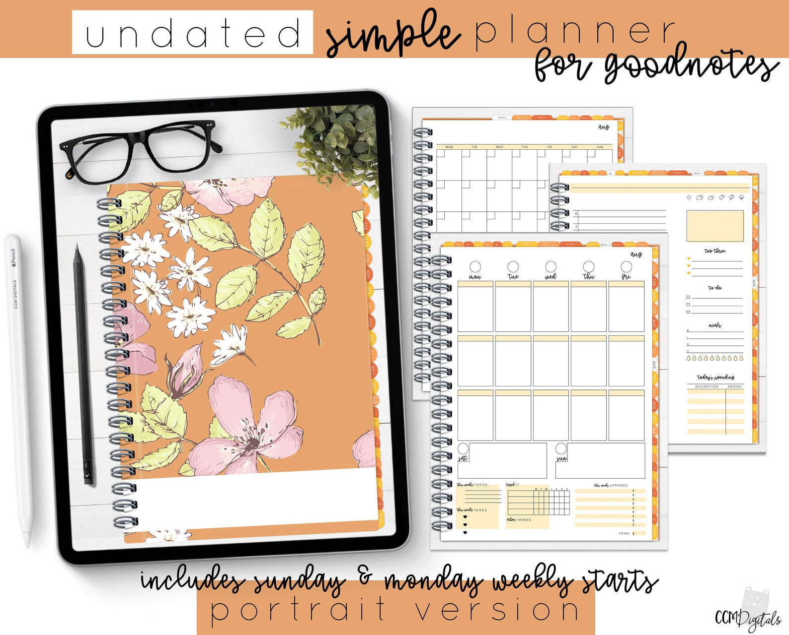 Portrait Undated Simple Planner in Orange Floral |linked Digital ...