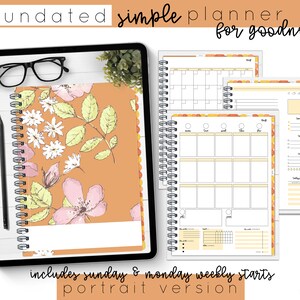 Portrait Undated Simple Planner in Orange Floral |Linked Digital Planner With Daily and Weekly Pages