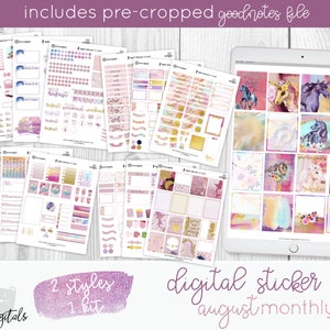 Op de afbeelding: Digitale stickerset voor augustus met twee stijlen van unicorn-thema stickers. De set bevat vooraf geknipte Goodnotes-bestanden voor gebruik in digitale planners. De stickers hebben een roze, paarse en gouden kleurschema met aquarel achtergronden en glitter accenten.