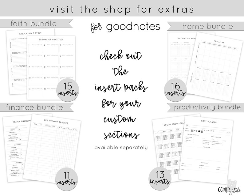 K&ouml;nnte beinhalten: Vier druckbare Planer-Bundles mit verschiedenen Themen: Glaube, Finanzen, Zuhause und Produktivit&auml;t. Jedes Bundle enth&auml;lt mehrere Seiten mit verschiedenen Layouts und Designs. Der Text "visit the shop for extras" befindet sich oben im Bild. Der Text "for goodnotes" befindet sich in der Mitte des Bildes. Der Text "check out the insert packs for your custom sections available separately" befindet sich unter dem Text "for goodnotes".