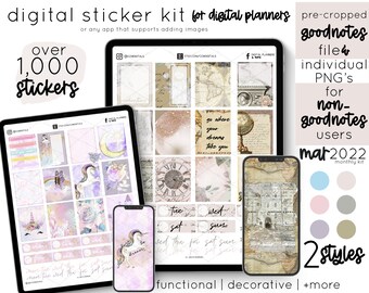 Digital Planner Stickers - March, Unicorns & Wanderlust Themes, Bullet Journal, Scrapbooking, Monthly Kit, PNG Files for GoodNotes + More