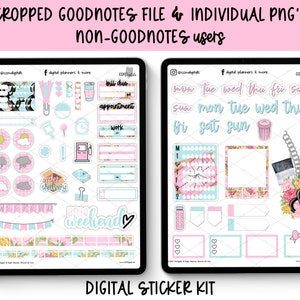 May include: A digital sticker kit featuring a pink and blue colour scheme. The stickers include a variety of designs, such as flowers, clouds, and a calendar. The text "bill due", "appointment", "work", "order delivery", "hello weekend", "mon", "tue", "wed", "thu", "fri", "sat", "sun" is included on the stickers.