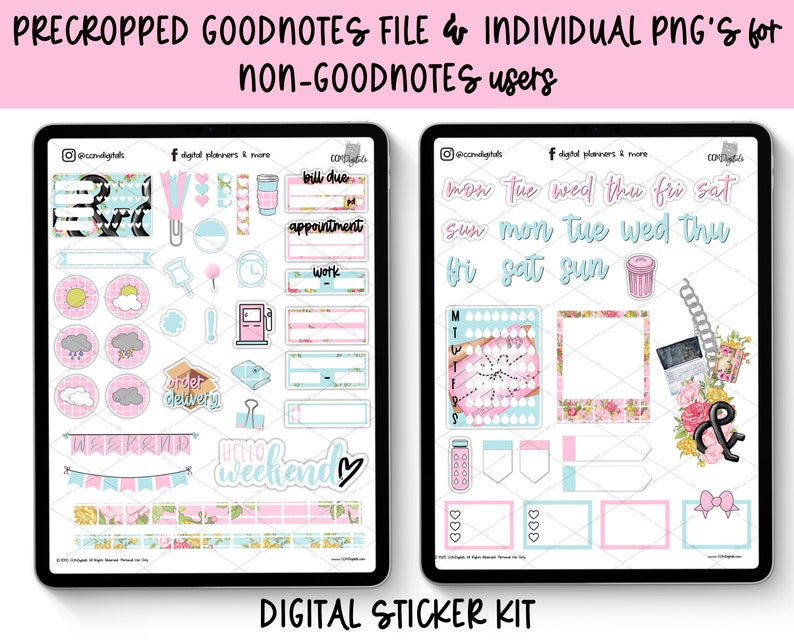 May include: A digital sticker kit featuring a pink and blue colour scheme. The stickers include a variety of designs, such as flowers, clouds, and a calendar. The text "bill due", "appointment", "work", "order delivery", "hello weekend", "mon", "tue", "wed", "thu", "fri", "sat", "sun" is included on the stickers.