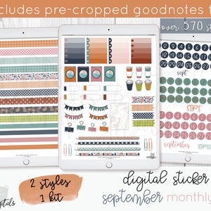 May include: Digital sticker kit for September with over 570 stickers. The kit includes two styles of stickers, one with a blue, green, and brown color scheme and the other with a pink, orange, and brown color scheme. The stickers include calendar numbers, washi tape, and other decorative elements.
