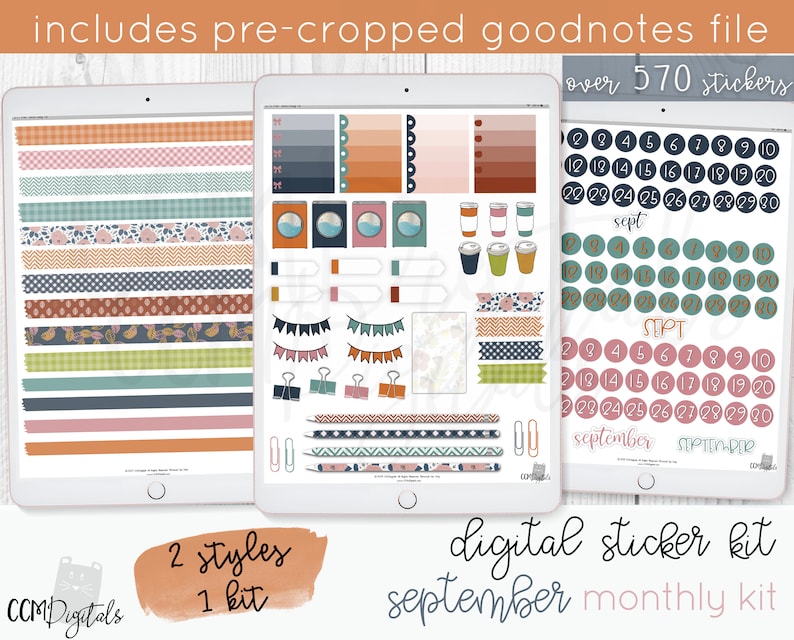 May include: Digital sticker kit for September with over 570 stickers. The kit includes two styles of stickers, one with a blue, green, and brown color scheme and the other with a pink, orange, and brown color scheme. The stickers include calendar numbers, washi tape, and other decorative elements.