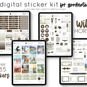 May include: Digital sticker kit for the Goodnotes app with over 285 stickers featuring wild horses, a brown and beige colour scheme, and various organisational elements. The kit includes stickers for daily tasks, weekly planning, and general organisation.