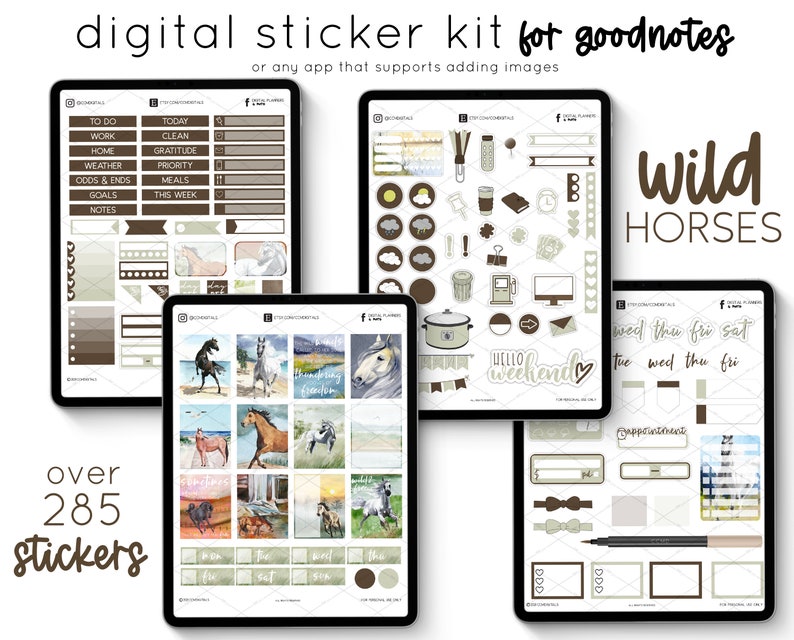 May include: Digital sticker kit for the Goodnotes app with over 285 stickers featuring wild horses, a brown and beige colour scheme, and various organisational elements. The kit includes stickers for daily tasks, weekly planning, and general organisation.
