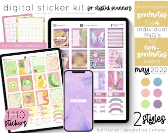 Digital Planner Stickers - May, Spring & Fruit Themes, Bullet Journal, Scrapbooking, Monthly Kit, PNG Files for GoodNotes, Notability