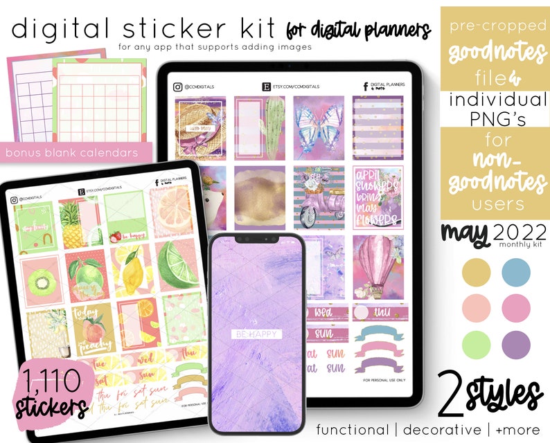 Digital Planner Stickers - May, Spring & Fruit Themes, Bullet Journal ...