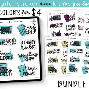 May include: A digital sticker bundle for Goodnotes featuring four color variations of cleaning and chore themed stickers. The stickers include phrases like "Clean Microwave", "Trash Day", "Clean Toilet", "Clean Floors", "Recycling Day", "Clean Oven", and "Clean Fridge".