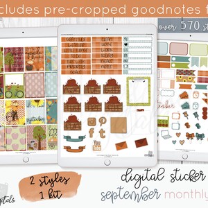 May include: Digital sticker kit for September with over 570 stickers. The kit includes two styles of stickers, one with a fall theme and the other with a more general theme. The stickers are pre-cropped for use in the Goodnotes app.