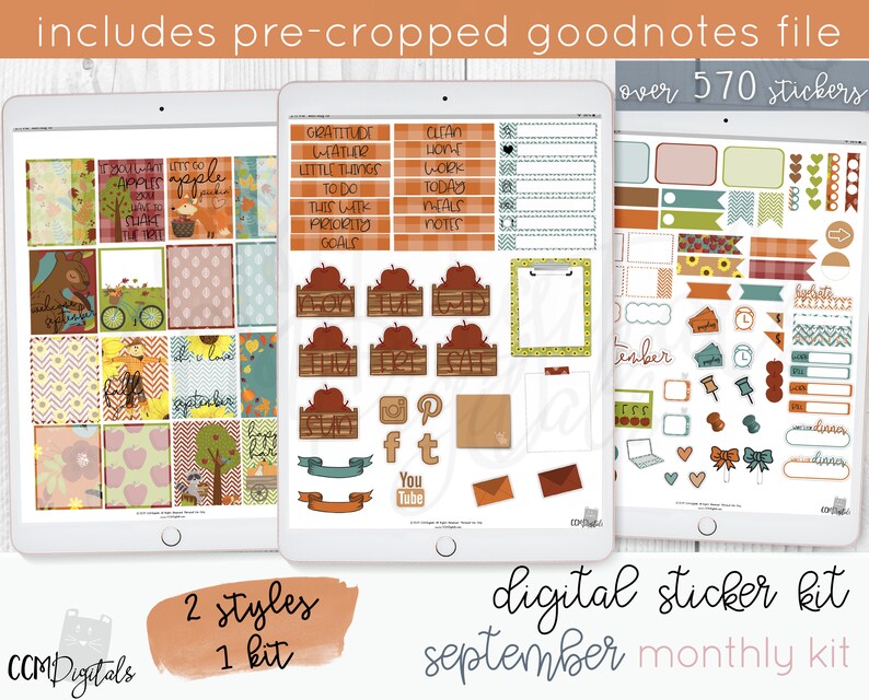 May include: Digital sticker kit for September with over 570 stickers. The kit includes two styles of stickers, one with a fall theme and the other with a more general theme. The stickers are pre-cropped for use in the Goodnotes app.